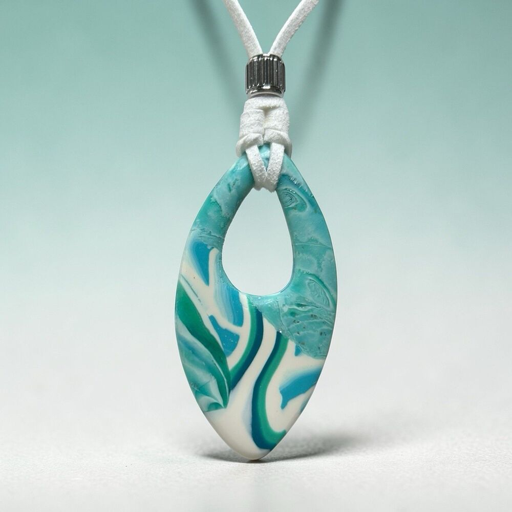 Artisan White Blue & Green Polymer Clay Pendant Necklace Stainless Steel Clasp